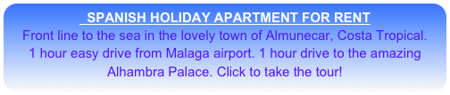   SPANISH HOLIDAY APARTMENT FOR RENT
Front line to the sea in the lovely town of Almunecar, Costa Tropical. 
1 hour easy drive from Malaga airport. 1 hour drive to the amazing                  Alhambra Palace. Click to take the tour!